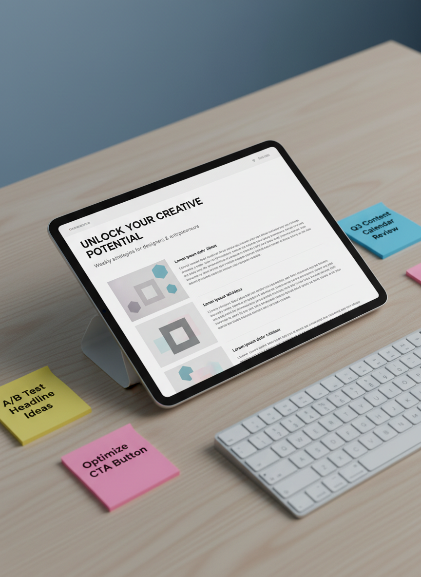 A close-up of a minimalist white tablet lying on a pale oak desk, its screen filled with a meticulously formatted email newsletter draft: bold headline at the top, concise subheading, and neatly spaced body copy blocks with placeholder images. Around the tablet sit color-coded sticky notes with short, typed phrases, and a slim wireless keyboard positioned just out of focus. Cool, soft studio lighting from above and slightly to the right creates crisp yet gentle shadows and a clean, professional look. Shot from a slightly elevated angle with rule-of-thirds composition, photographic realism, and a calm, organized mood that highlights strategic, detail-oriented email copywriting.