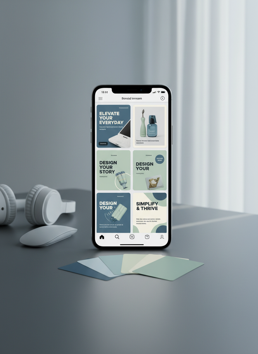 A large, vertically oriented smartphone rests on a smooth, charcoal-gray surface, its luminous screen displaying a social media feed of polished, engaging posts with clear, punchy captions and consistent brand colors. Surrounding the phone are neatly arranged brand style swatches on small matte cards, a pair of minimalist over-ear headphones, and a slim wireless mouse, all in muted neutral tones. Soft, cool-toned daylight from the right side creates a subtle gradient across the background and gentle reflections on the phone’s glass. Photographic realism with a shallow depth of field and centered composition, evoking a professional, contemporary, and strategic approach to crafting social copy.